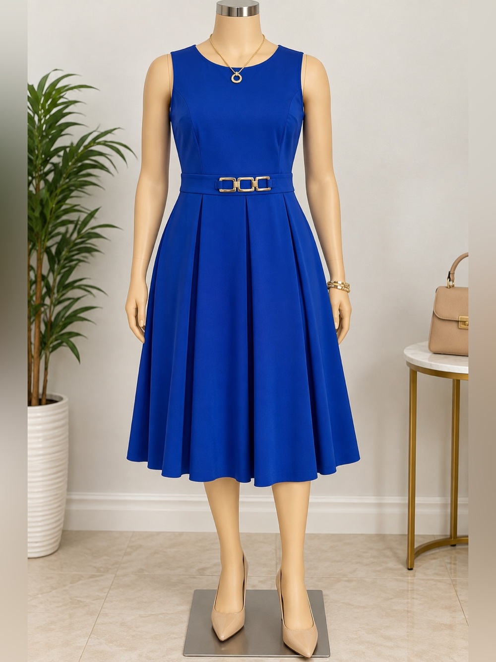 Nine West Women’s Royal Blue Fit & Flare Midi Dress Size 14 Sleeveless Belt Deta